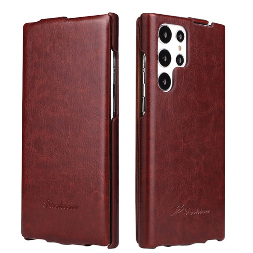 Samsung Galaxy S22 Ultra 5G Fierre Shann 64 Texture Vertical Flip PU Leather Phone Case - Brown